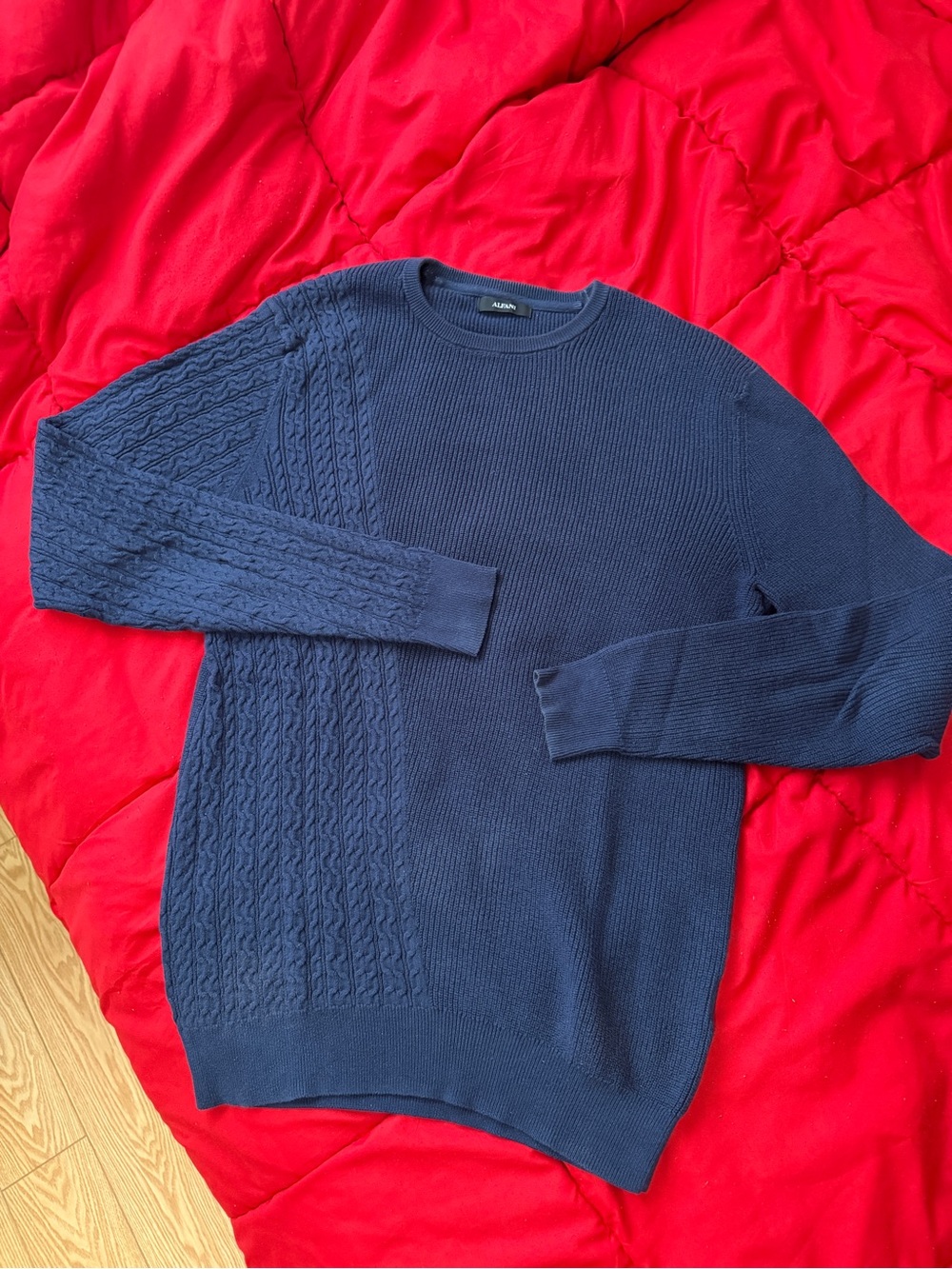 ASOS Navy Textured Cable-Panel Crewneck Sweater